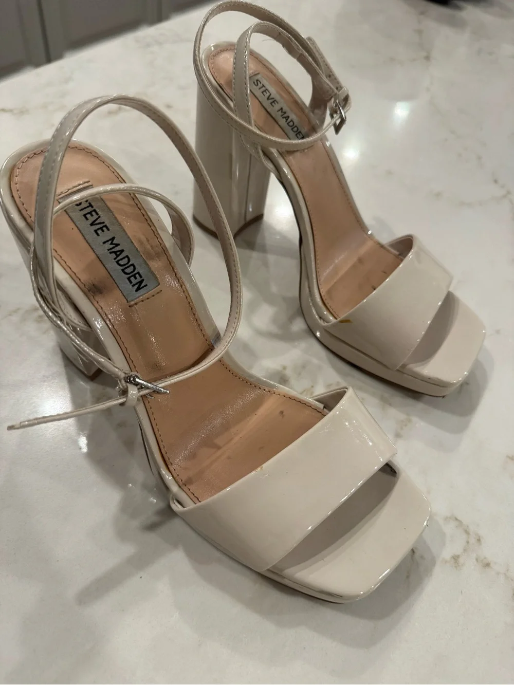 Steve Madden Cream Patent Platform Block Heels